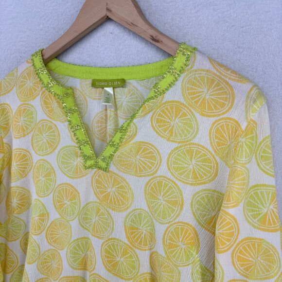 SIGRID OLSEN Top S Lemon Print Crinkle Gauze V-Neck Beaded Sequin Cotton Yellow - Picture 2 of 13